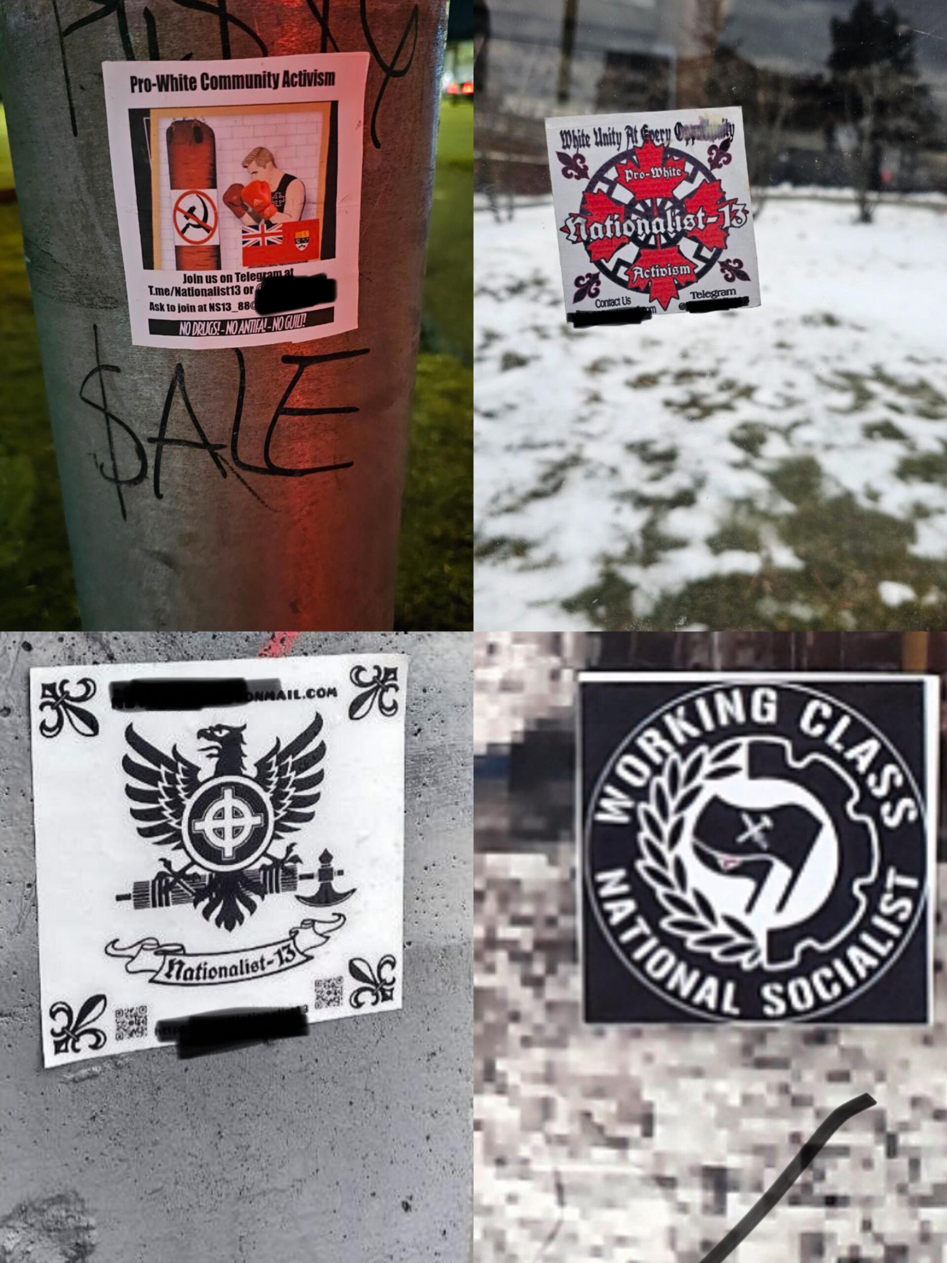 Samples of Nationalist-13 stickering around southwestern Ontario, mostly Hamilton. 