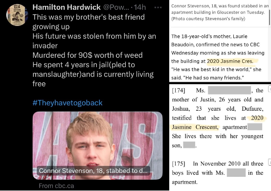 Hamilton talking about how his brothers best friend was murdered. Two different excerpts from CanLII and an article about the murder showing they were in the same building.