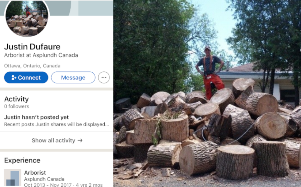 Justin's Linkedin profile showing he worked at Asplundh and was an Arborist.